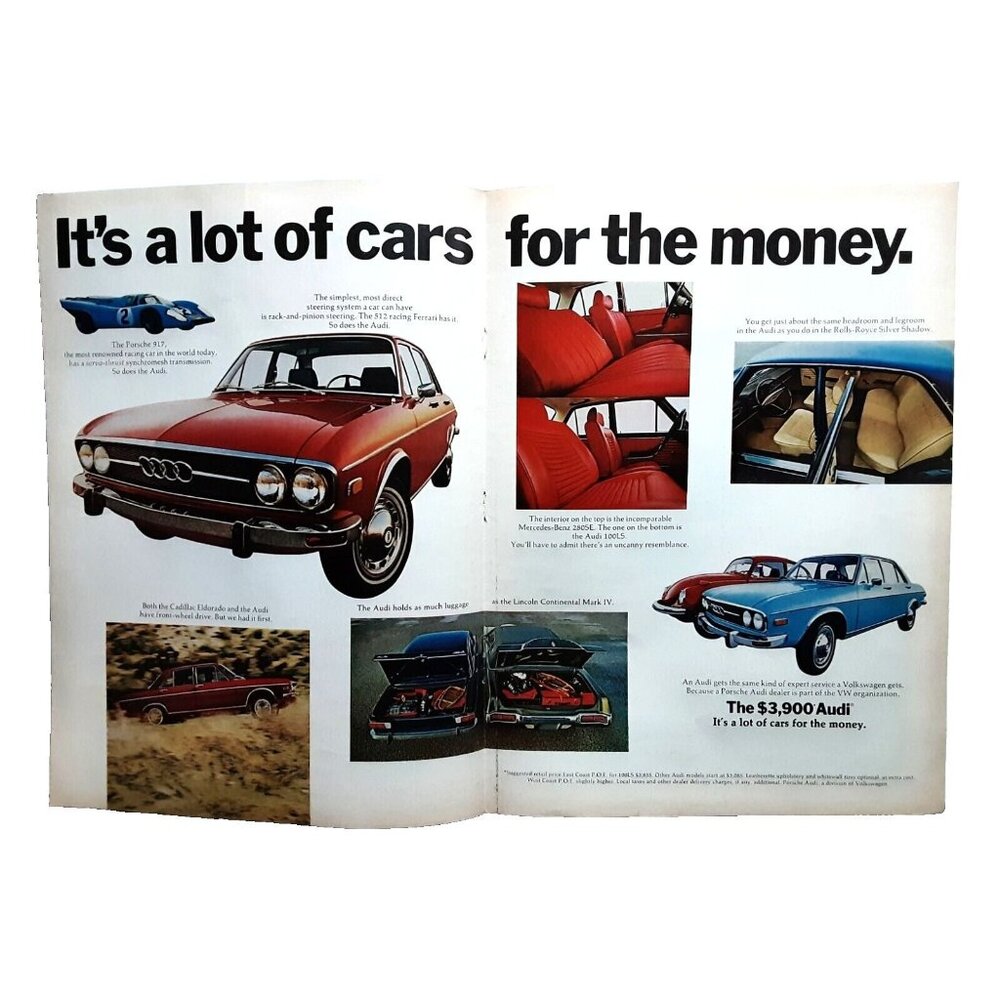 1972 Audi with Porsche 917 Mercedes Benz Cadillac Original Print Ad vintage 70s